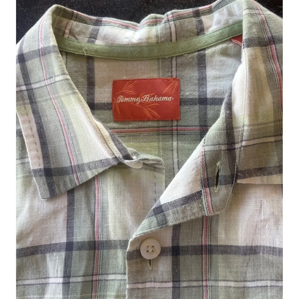 Tommy Bahama Men‎ L 100% Linen Plaid Short Sleeve Button Down Camp Shirt Green